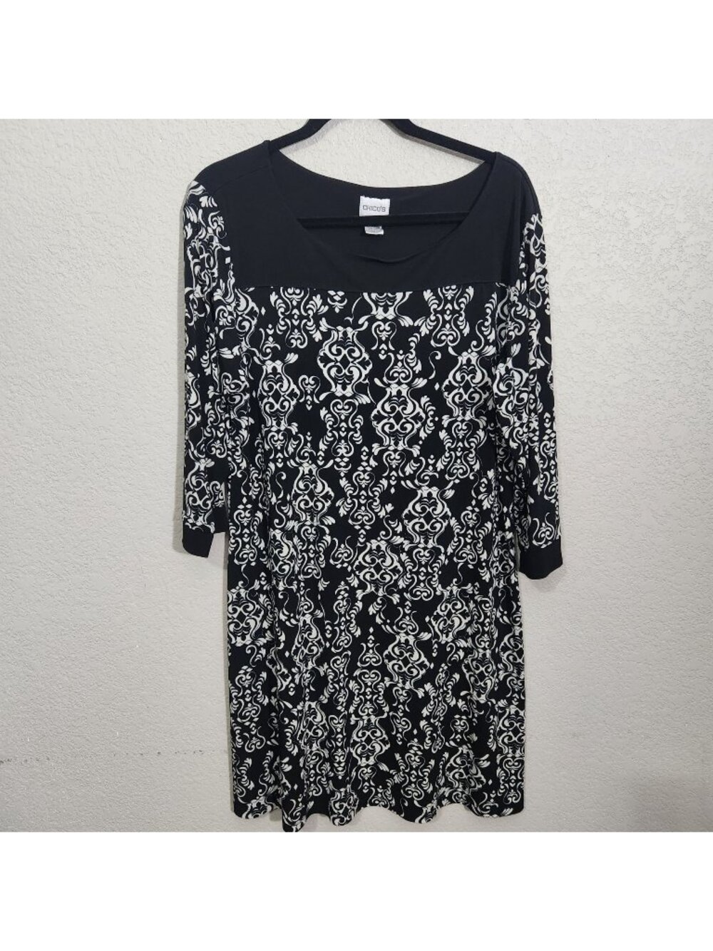 Chicos Dress Size XL Black & White 3/4 Sleeve Damask Pattern